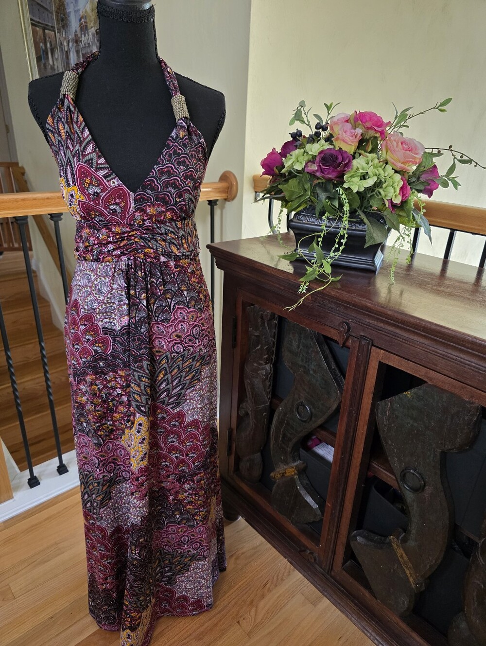 Cristinalove Boho Halter Maxi Dress in Pink, Yellow and Black Floral Patchwork